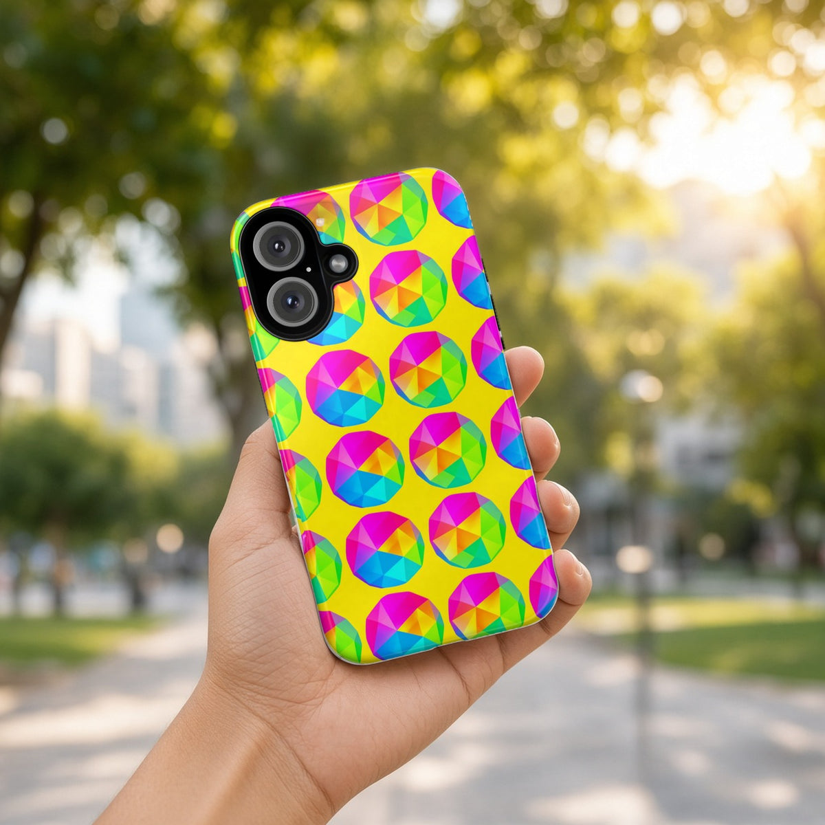 Hand holding the Holo Pebble Prisms tough phone case outdoors in a sunny park