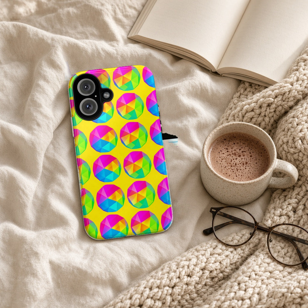 Holo Pebble Prisms tough phone case on a cosy knit blanket with a hot chocolate and glasses