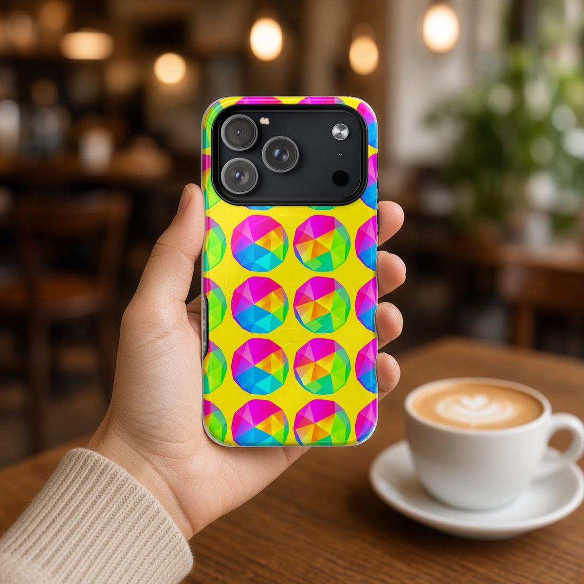 Hand holding the Holo Pebble Prisms magnetic iPhone case in a cafe beside a latte