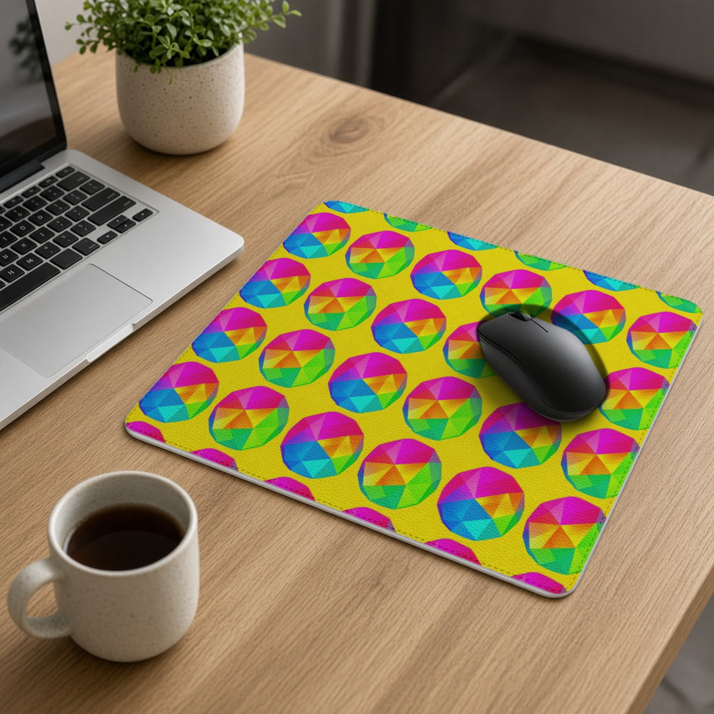 Holo Pebble Prisms vegan leather mouse mat on an oak desk with a laptop, mouse and coffee