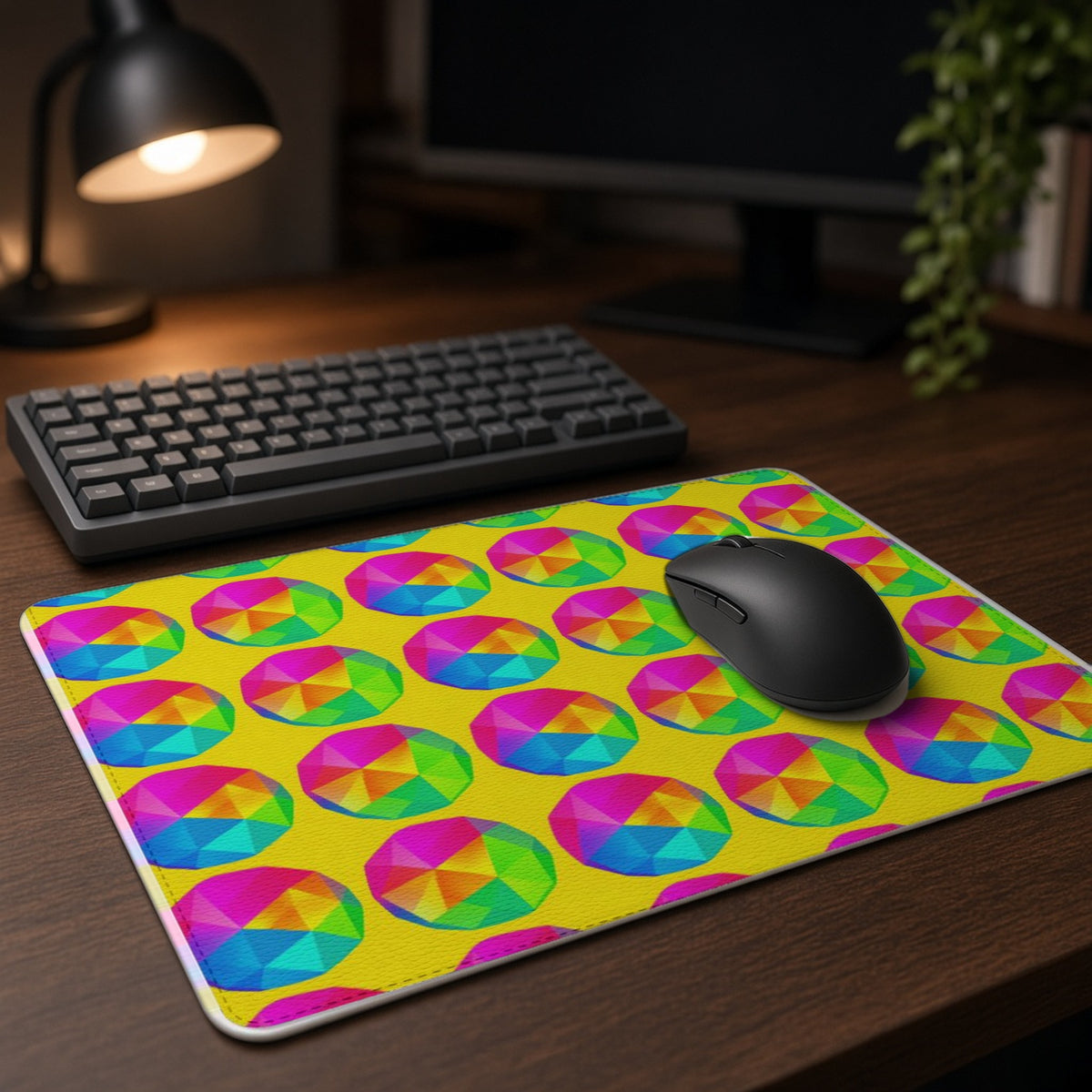 Holo Pebble Prisms vegan leather mouse mat on a dark wood desk with keyboard and lamp