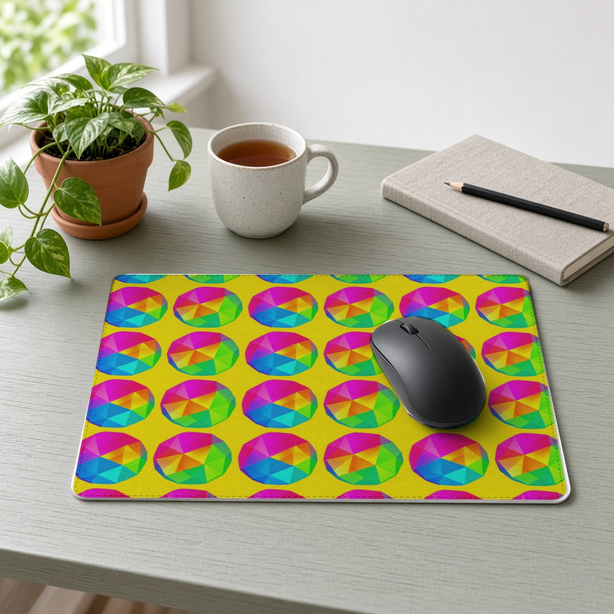 Holo Pebble Prisms vegan leather mouse mat on a sage-green desk with a plant, tea and notebook
