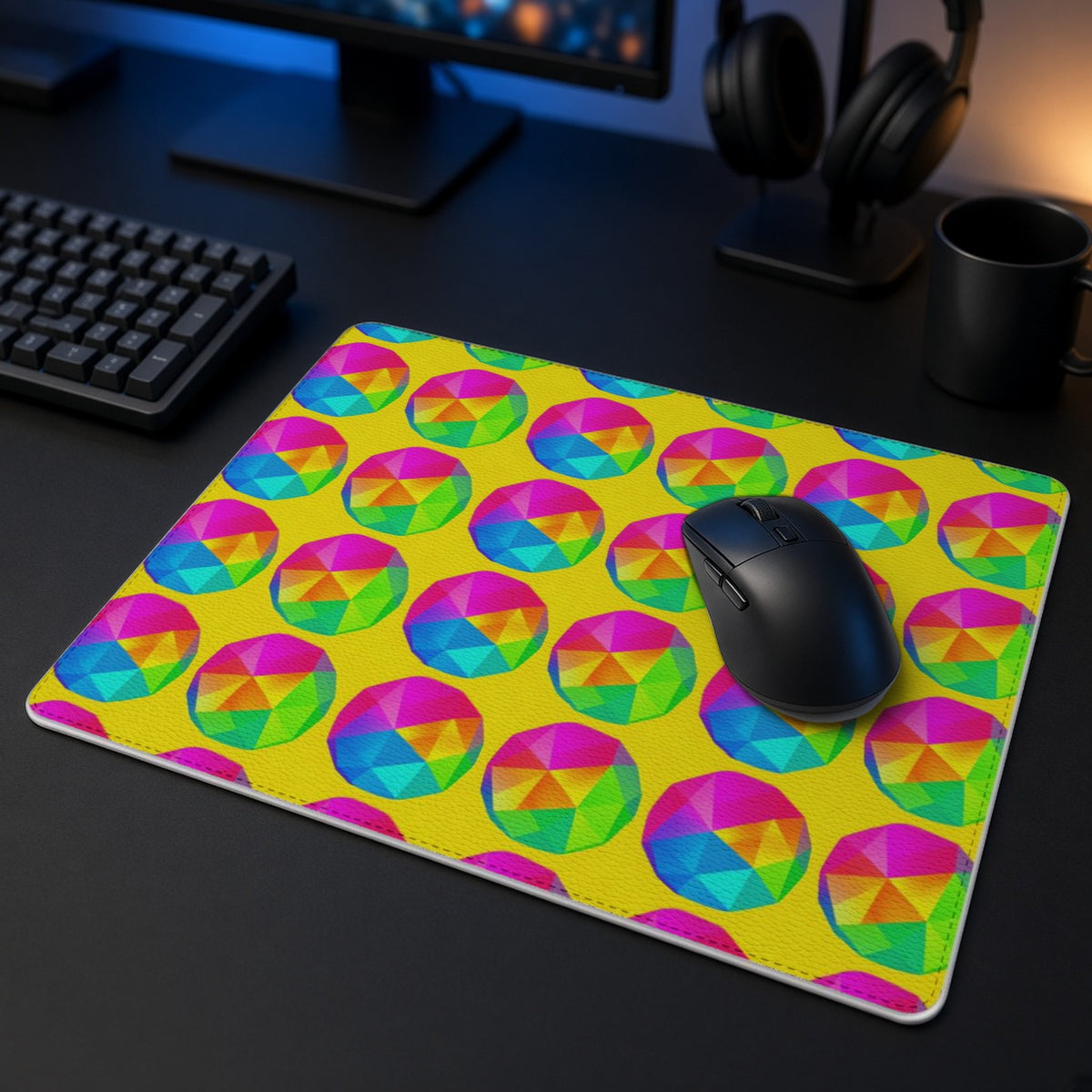 Holo Pebble Prisms vegan leather mouse mat in a dark gaming desk setup with headphones