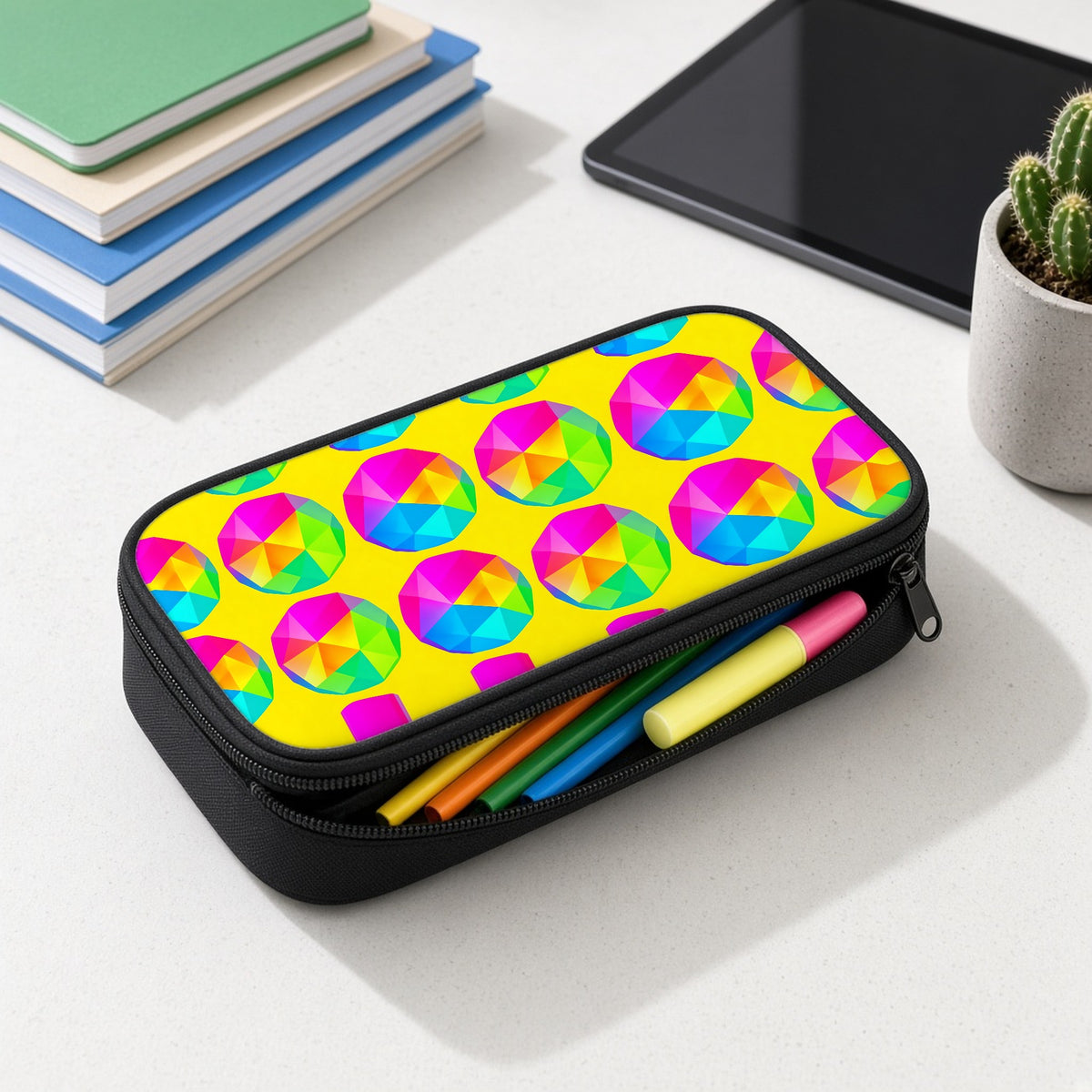 Holo Pebble Prisms pencil case open with colourful pens and highlighters on a white desk