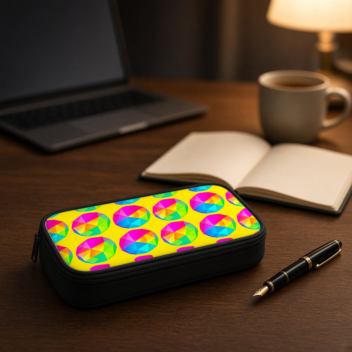 Holo Pebble Prisms pencil case on a wooden desk beside an open notebook and fountain pen