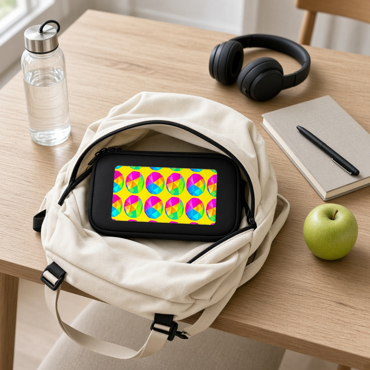 Holo Pebble Prisms pencil case packed in a school backpack with headphones and an apple