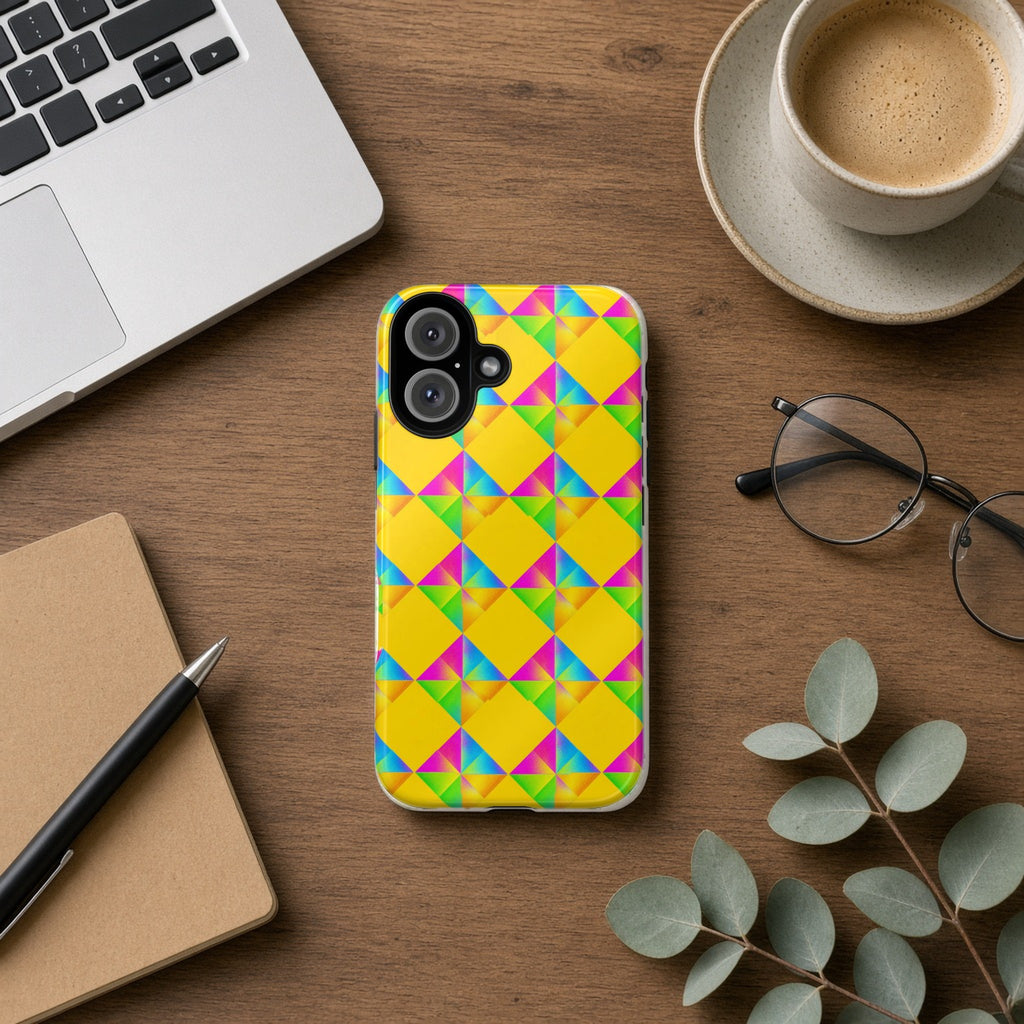 Iridescent Kite Quartet tough phone case on a wooden desk beside a laptop, coffee and eucalyptus