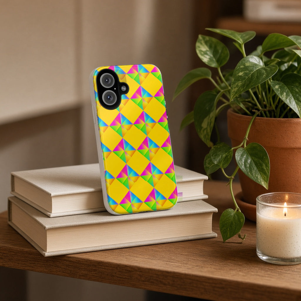 Iridescent Kite Quartet tough phone case propped on a stack of books beside a plant and candle
