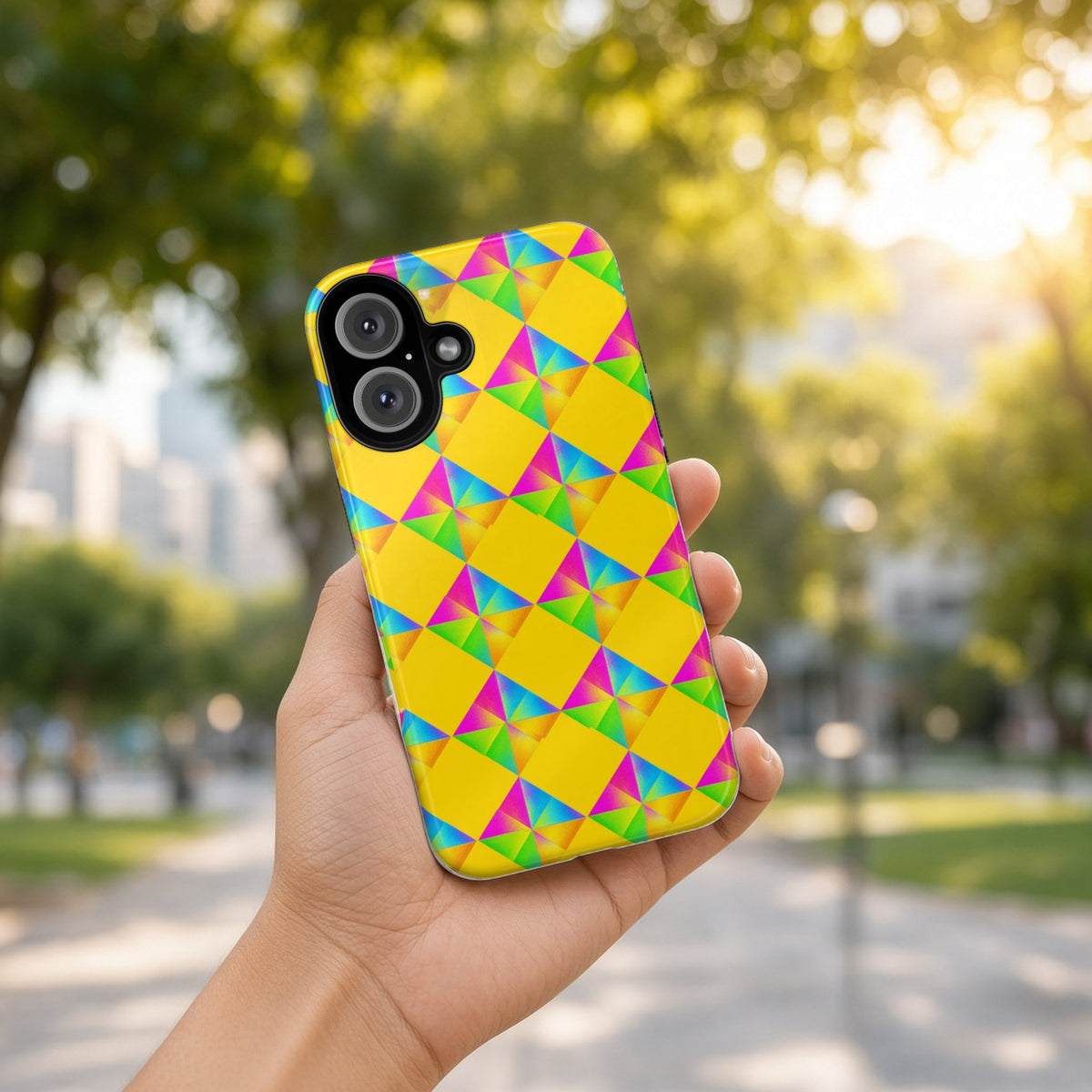 Hand holding the Iridescent Kite Quartet tough phone case outdoors in a sunny park