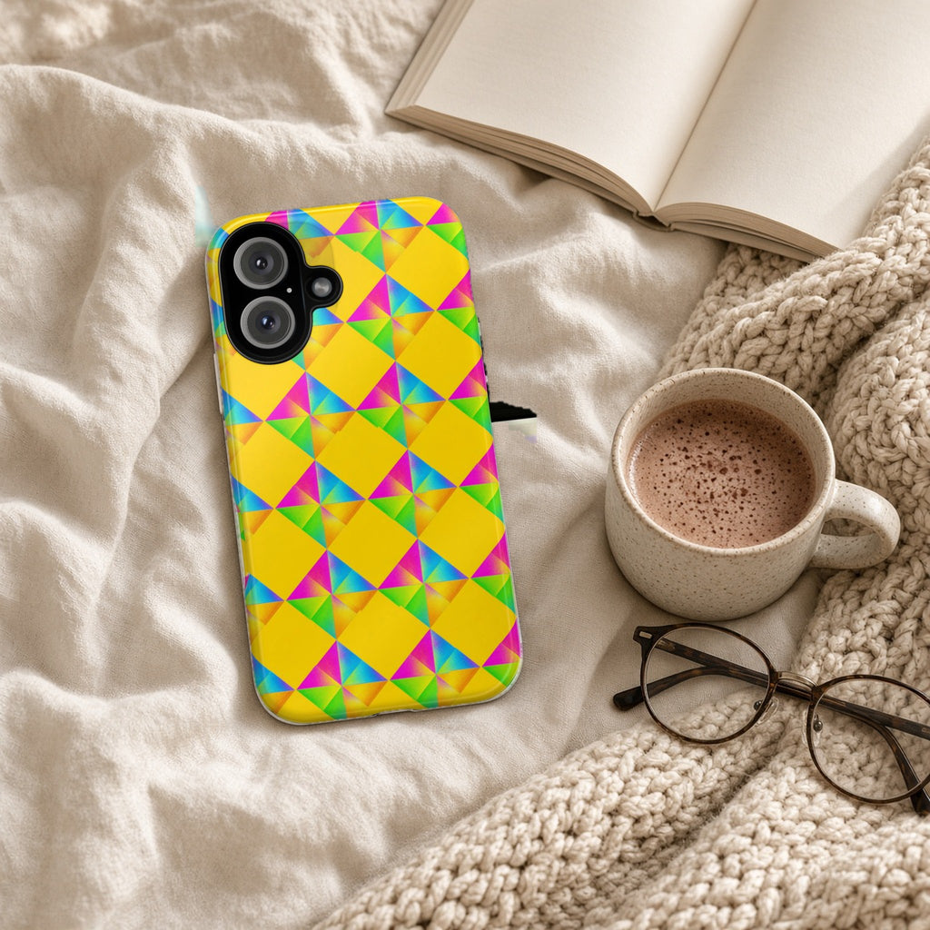 Iridescent Kite Quartet tough phone case on a cosy knit blanket with a hot chocolate and glasses