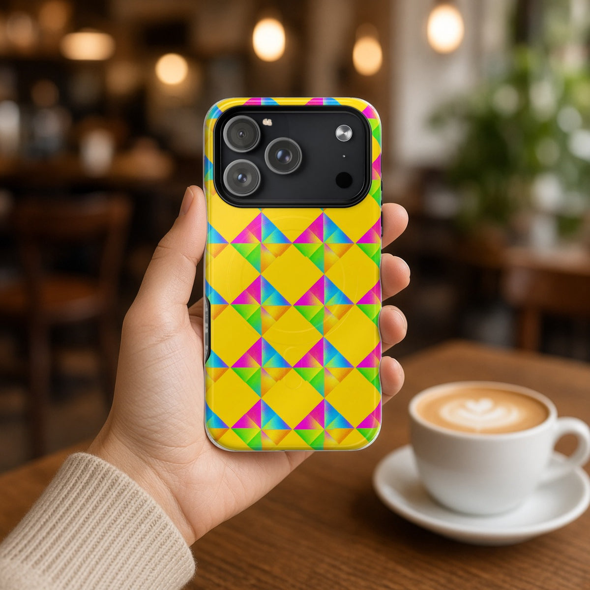 Hand holding the Iridescent Kite Quartet magnetic iPhone case in a cafe beside a latte
