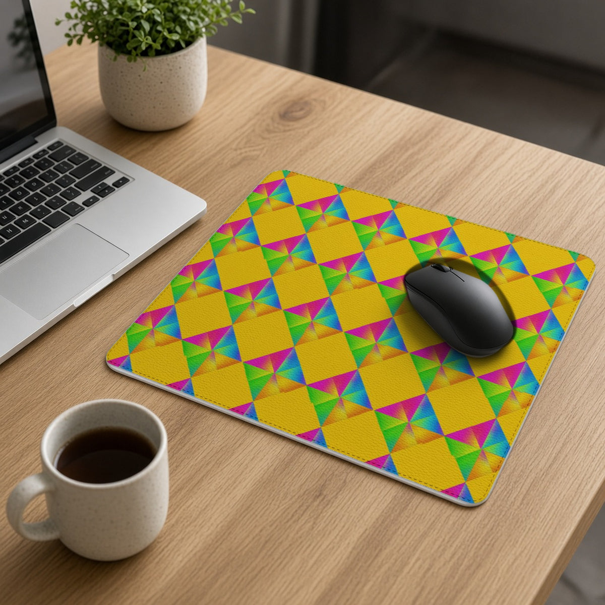 Iridescent Kite Quartet vegan leather mouse mat on an oak desk with a laptop, mouse and coffee