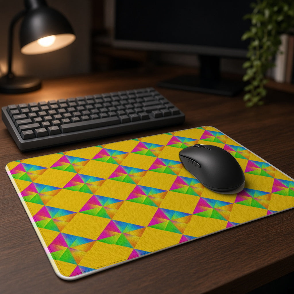 Iridescent Kite Quartet vegan leather mouse mat on a dark wood desk with keyboard and lamp