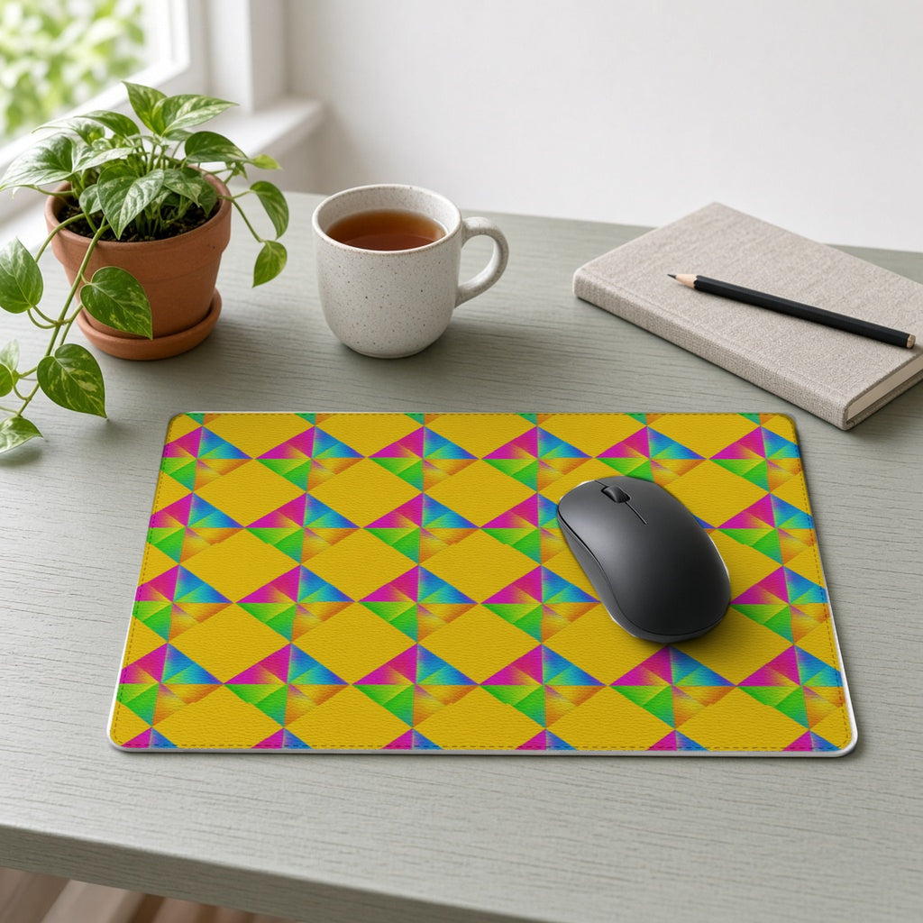 Iridescent Kite Quartet vegan leather mouse mat on a sage-green desk with a plant, tea and notebook