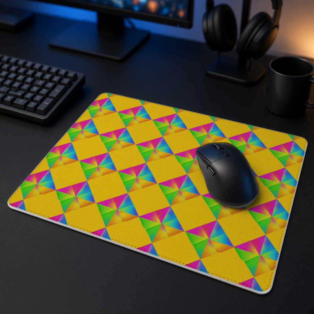 Iridescent Kite Quartet vegan leather mouse mat in a dark gaming desk setup with headphones