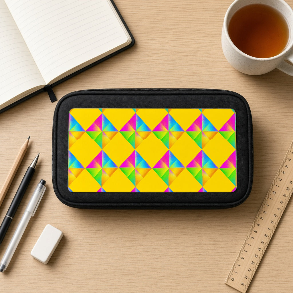 Iridescent Kite Quartet pencil case on a wooden desk with notebook, pens and a cup of tea
