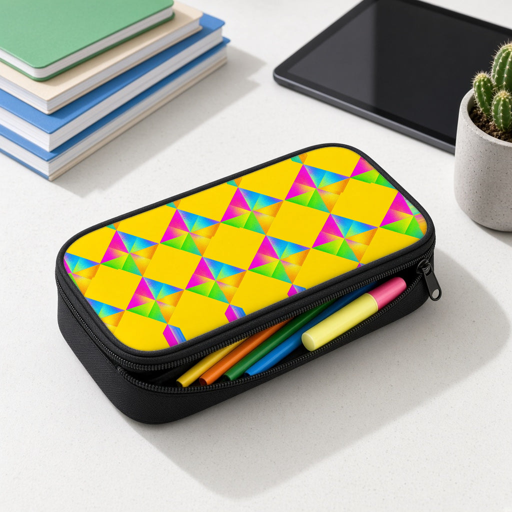 Iridescent Kite Quartet pencil case open with colourful pens and highlighters on a white desk