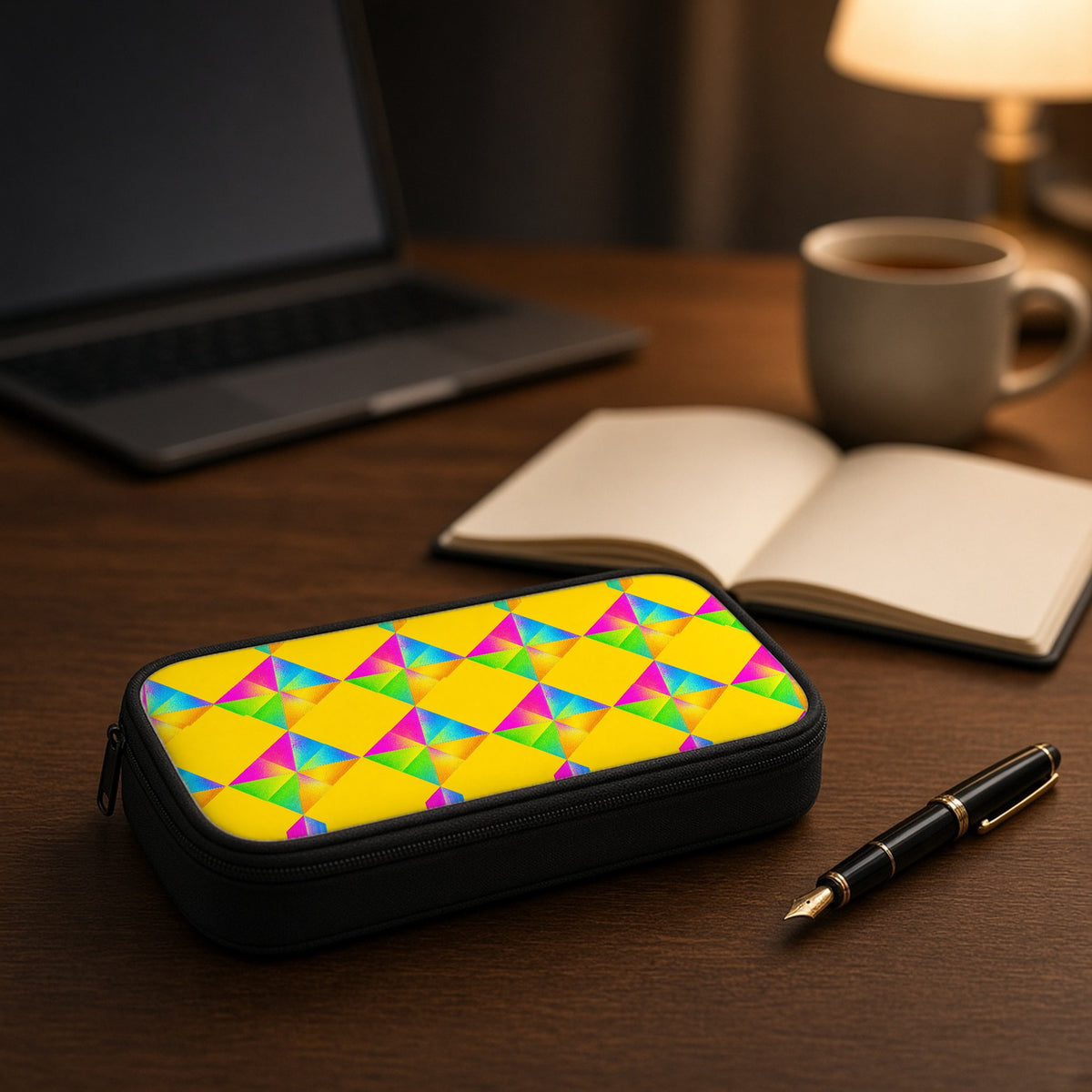 Iridescent Kite Quartet pencil case on a wooden desk beside an open notebook and fountain pen