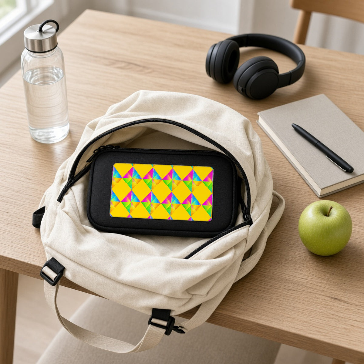Iridescent Kite Quartet pencil case packed in a school backpack with headphones and an apple