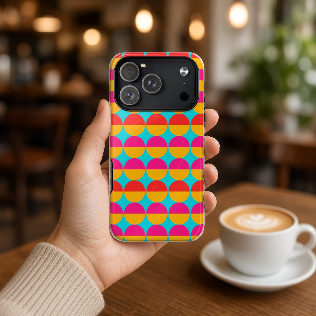 Hand holding the Half-Moon Stack magnetic iPhone case in a cafe beside a latte