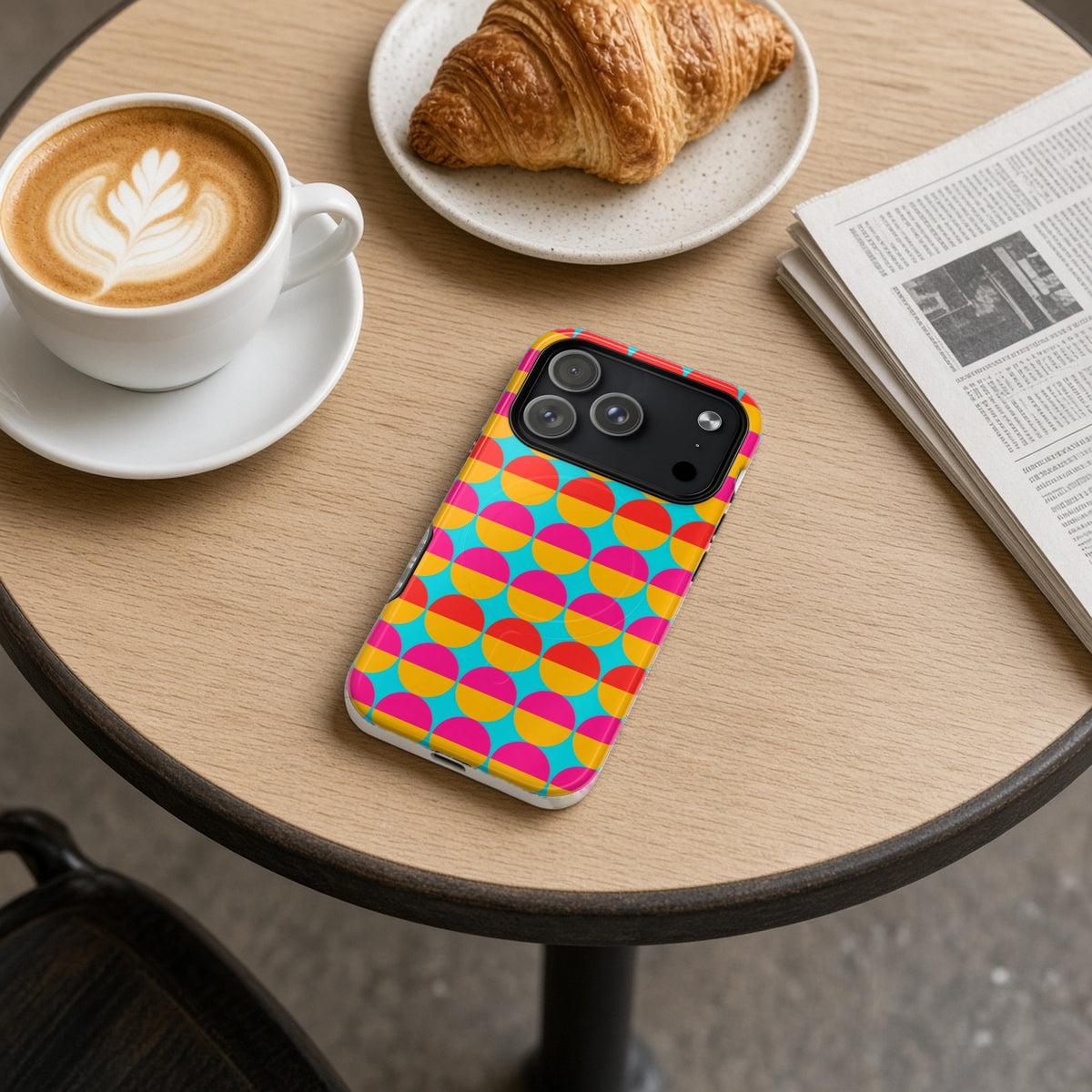 Half-Moon Stack magnetic iPhone case on a cafe table with a latte, croissant and newspaper