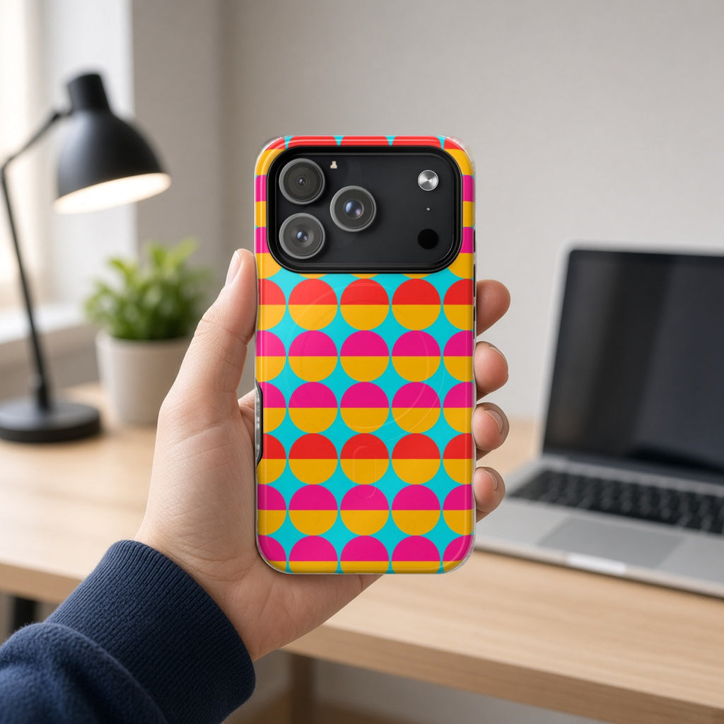 Hand holding the Half-Moon Stack magnetic iPhone case at a home office desk