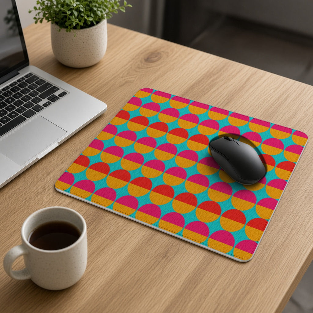 Half-Moon Stack vegan leather mouse mat on an oak desk with a laptop, mouse and coffee