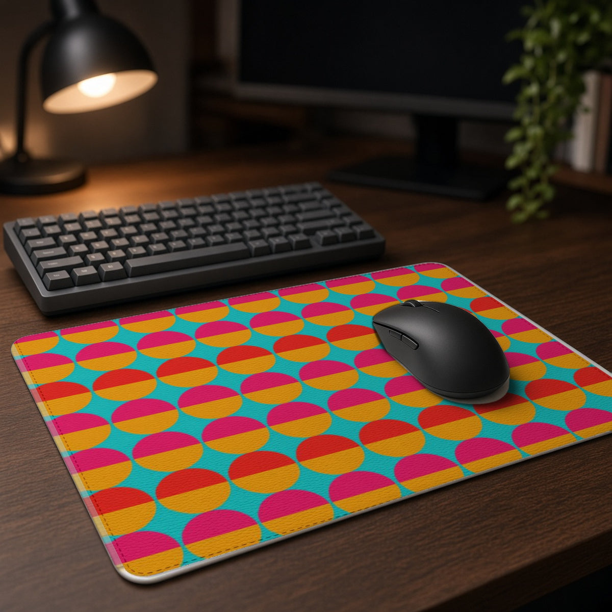 Half-Moon Stack vegan leather mouse mat on a dark wood desk with keyboard and lamp