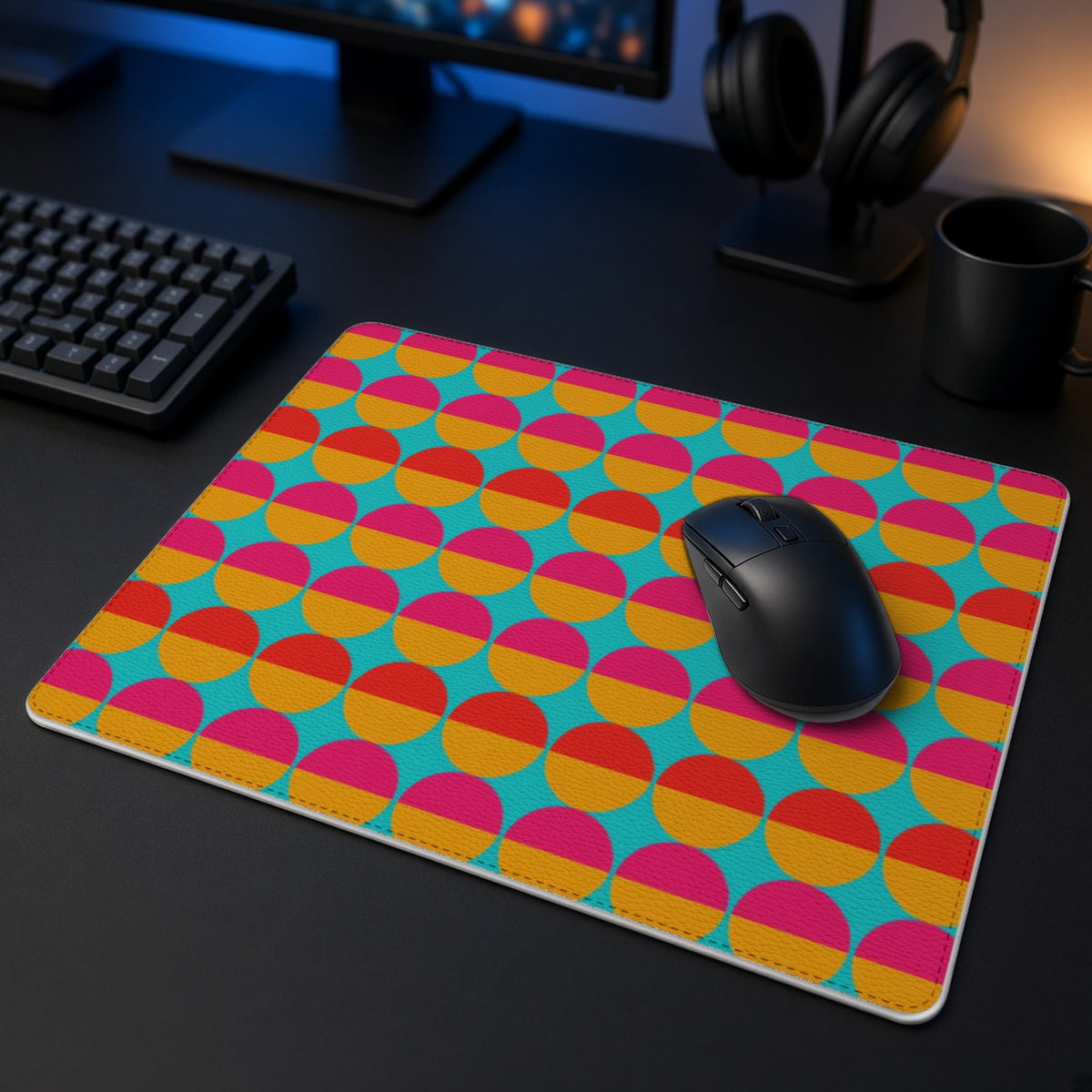 Half-Moon Stack vegan leather mouse mat in a dark gaming desk setup with headphones