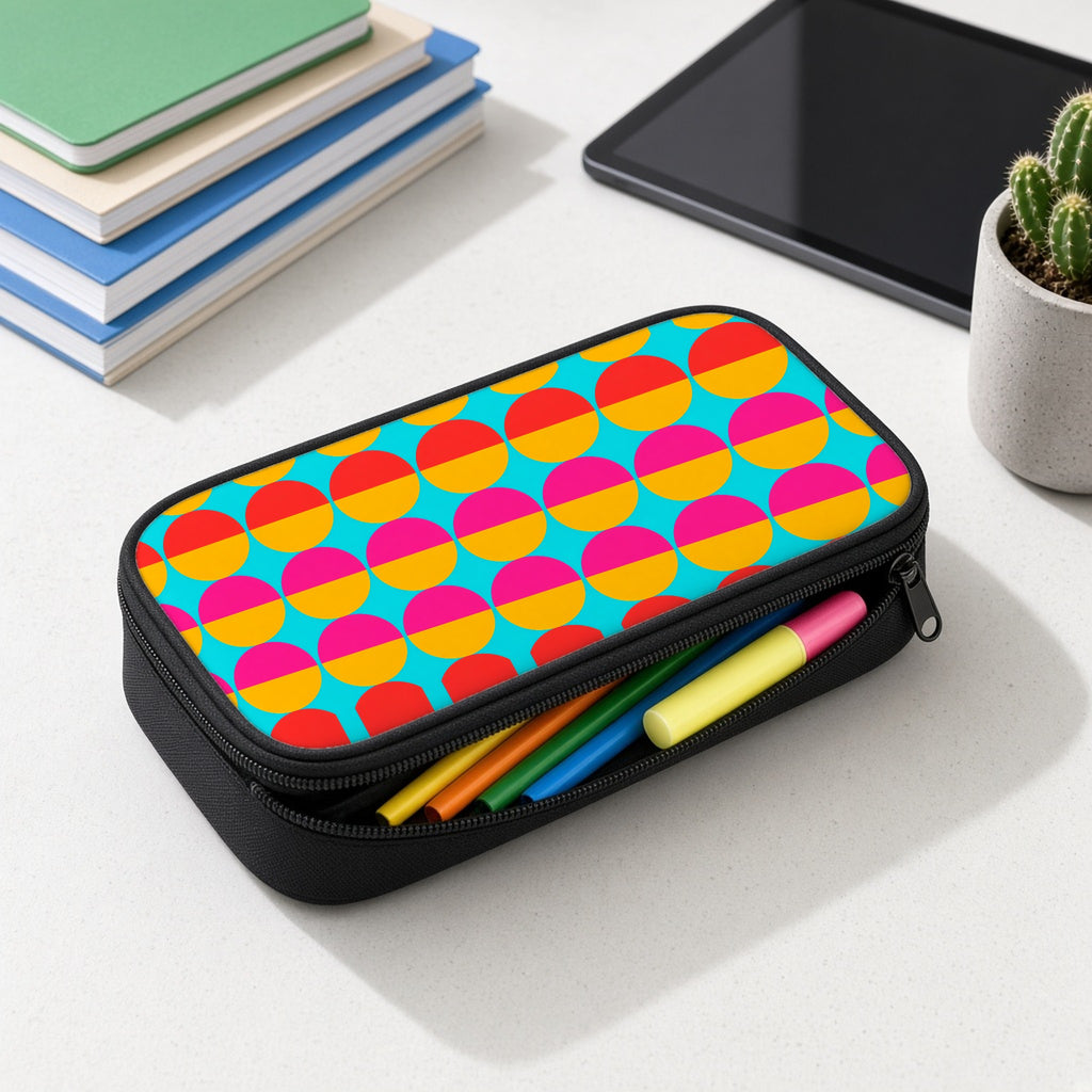 Half-Moon Stack pencil case open with colourful pens and highlighters on a white desk
