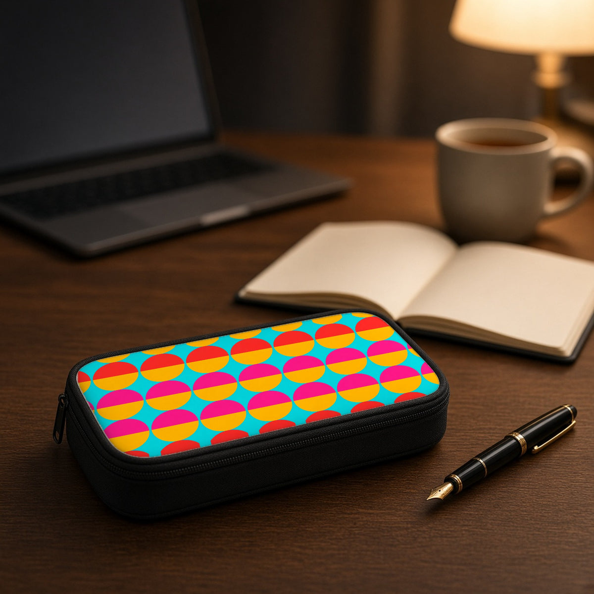 Half-Moon Stack pencil case on a wooden desk beside an open notebook and fountain pen