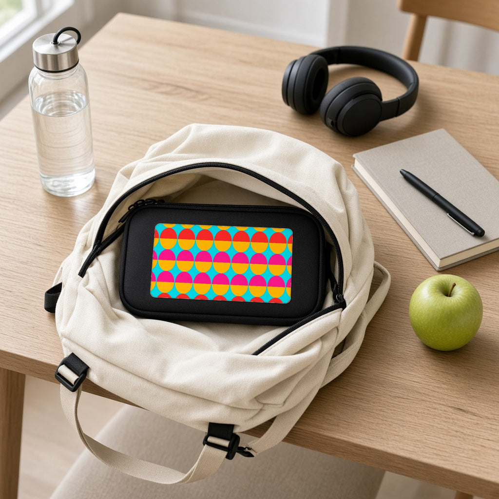 Half-Moon Stack pencil case packed in a school backpack with headphones and an apple