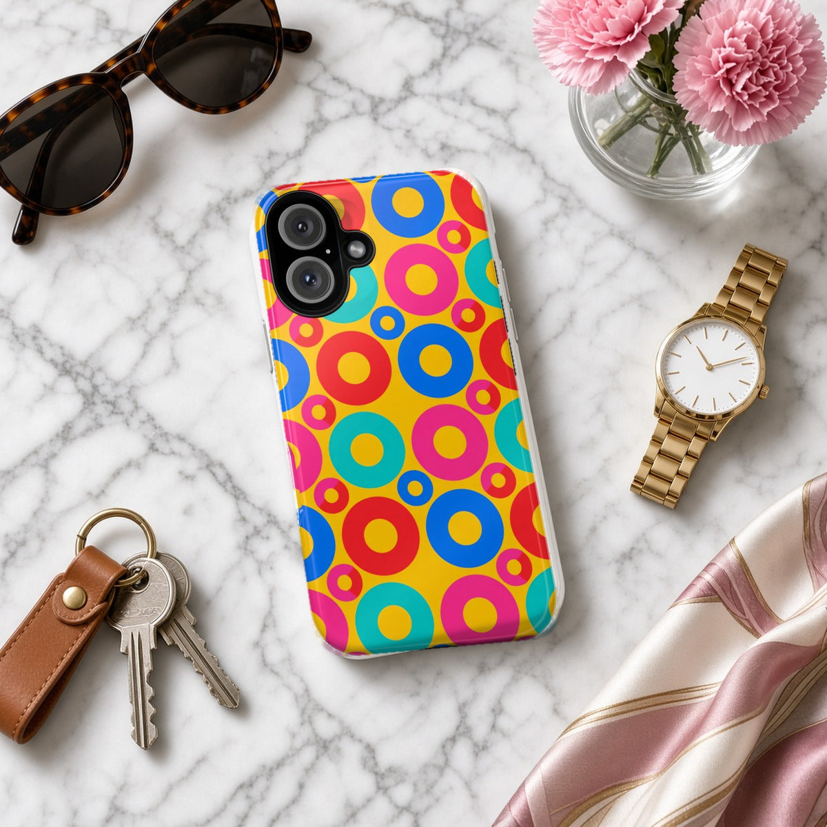 Big Ring Blocks tough phone case on white marble with a watch, keys and sunglasses