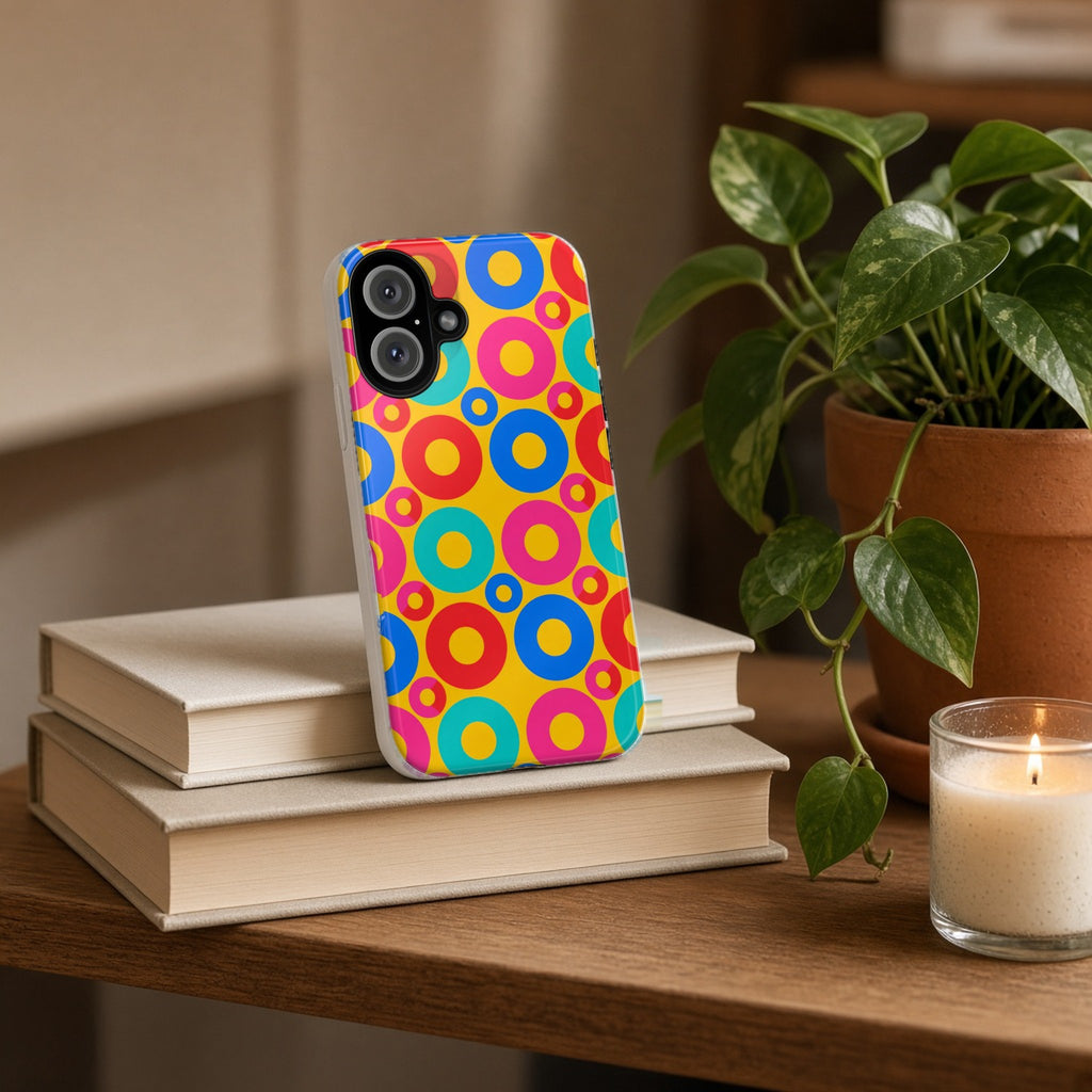 Big Ring Blocks tough phone case propped on a stack of books beside a plant and candle