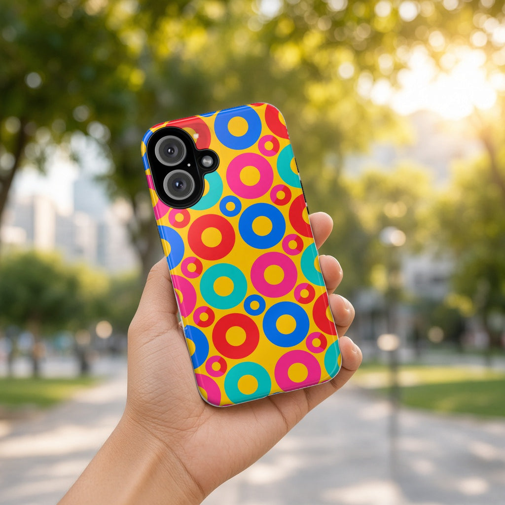 Hand holding the Big Ring Blocks tough phone case outdoors in a sunny park