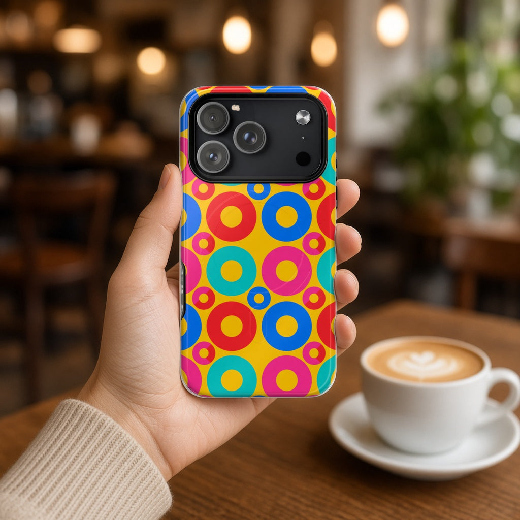 Hand holding the Big Ring Blocks magnetic iPhone case in a cafe beside a latte