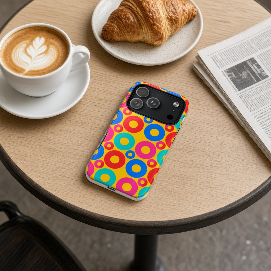 Big Ring Blocks magnetic iPhone case on a cafe table with a latte, croissant and newspaper