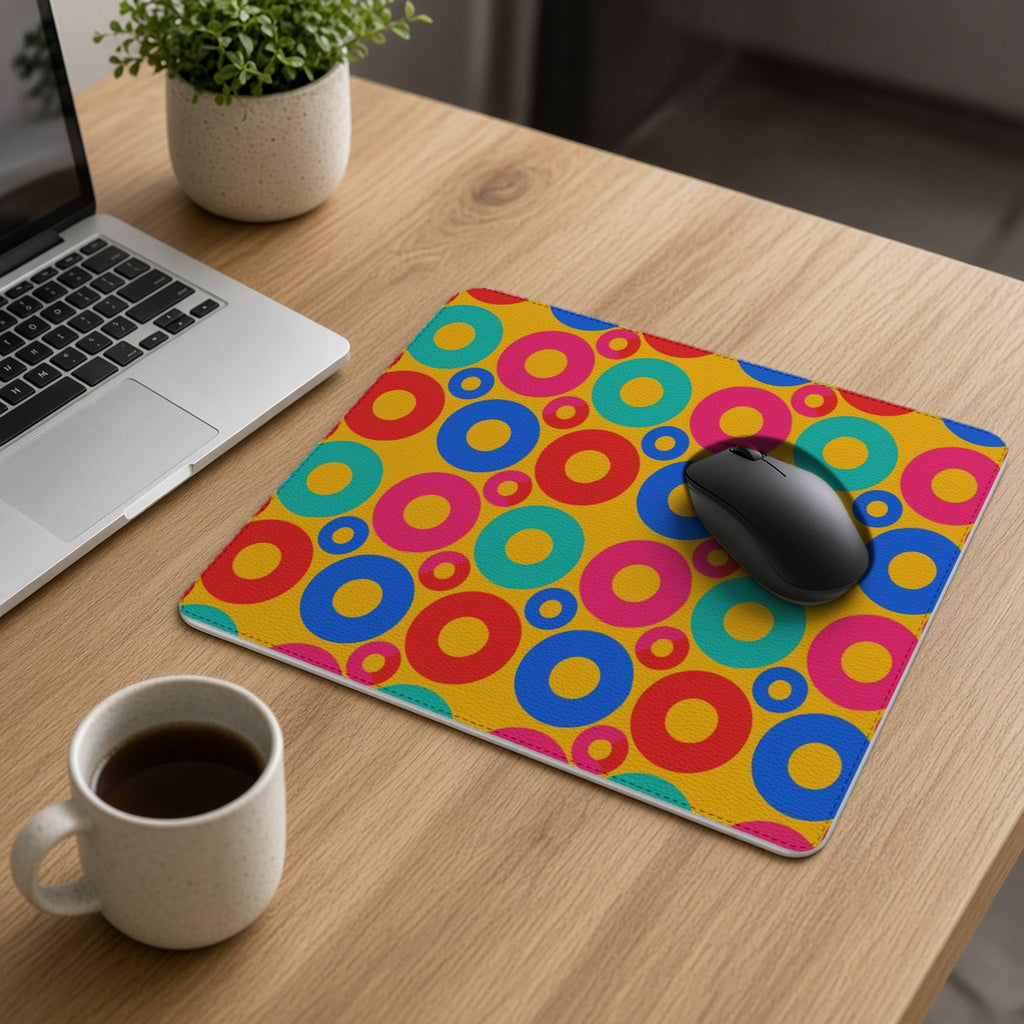 Big Ring Blocks vegan leather mouse mat on an oak desk with a laptop, mouse and coffee