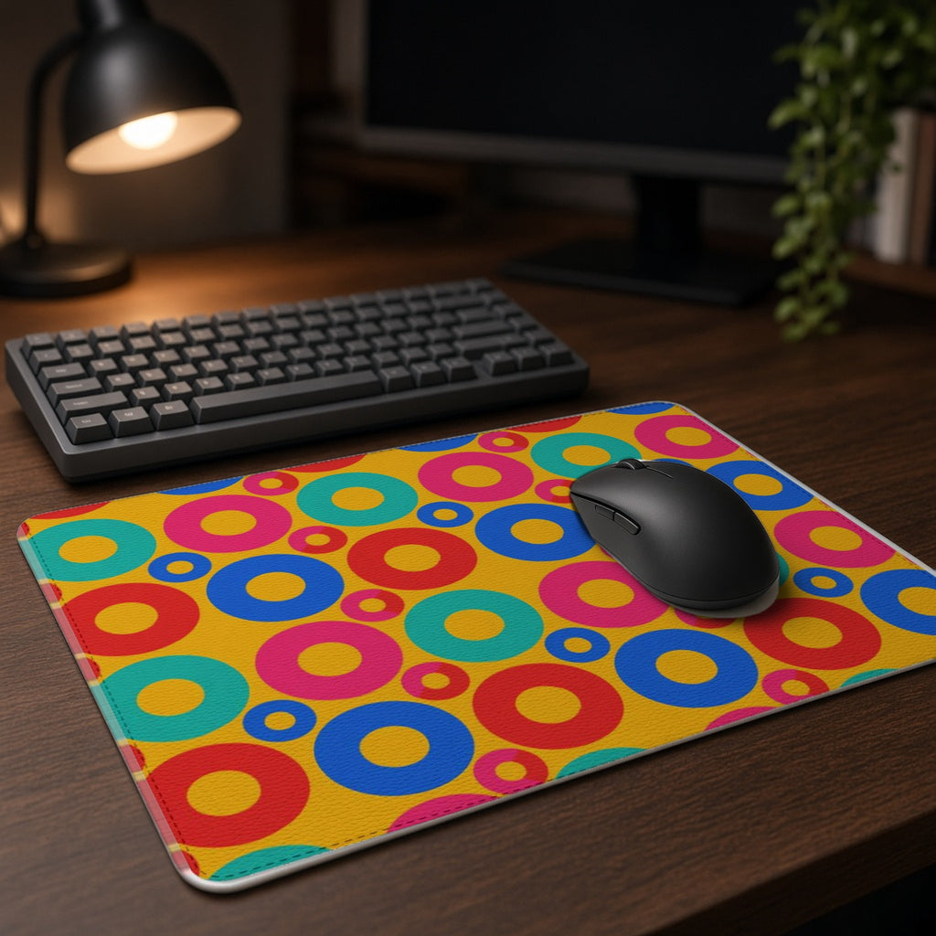 Big Ring Blocks vegan leather mouse mat on a dark wood desk with keyboard and lamp