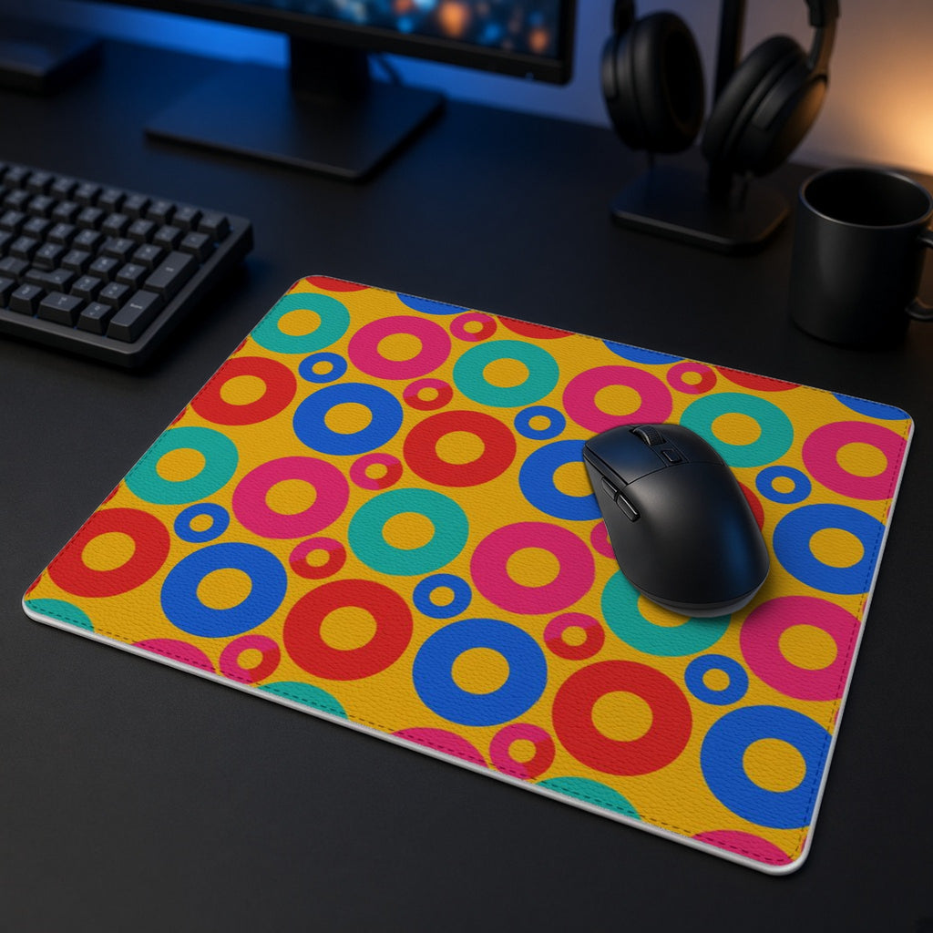 Big Ring Blocks vegan leather mouse mat in a dark gaming desk setup with headphones
