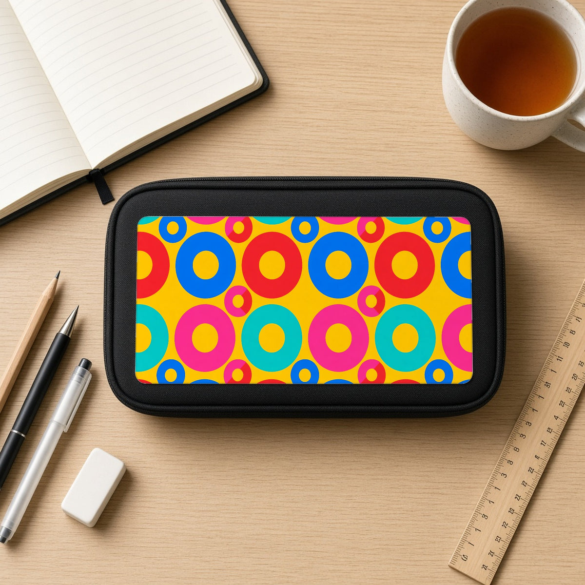 Big Ring Blocks pencil case on a wooden desk with notebook, pens and a cup of tea