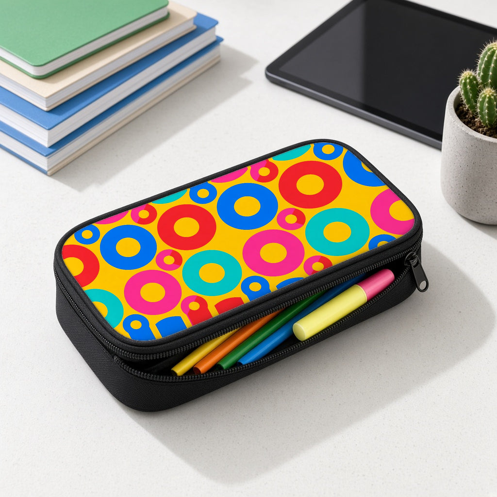 Big Ring Blocks pencil case open with colourful pens and highlighters on a white desk