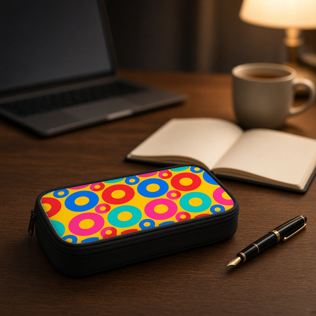 Big Ring Blocks pencil case on a wooden desk beside an open notebook and fountain pen