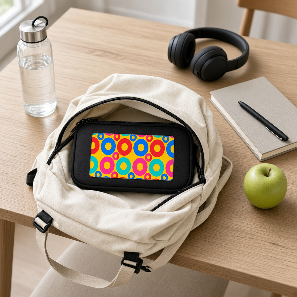 Big Ring Blocks pencil case packed in a school backpack with headphones and an apple