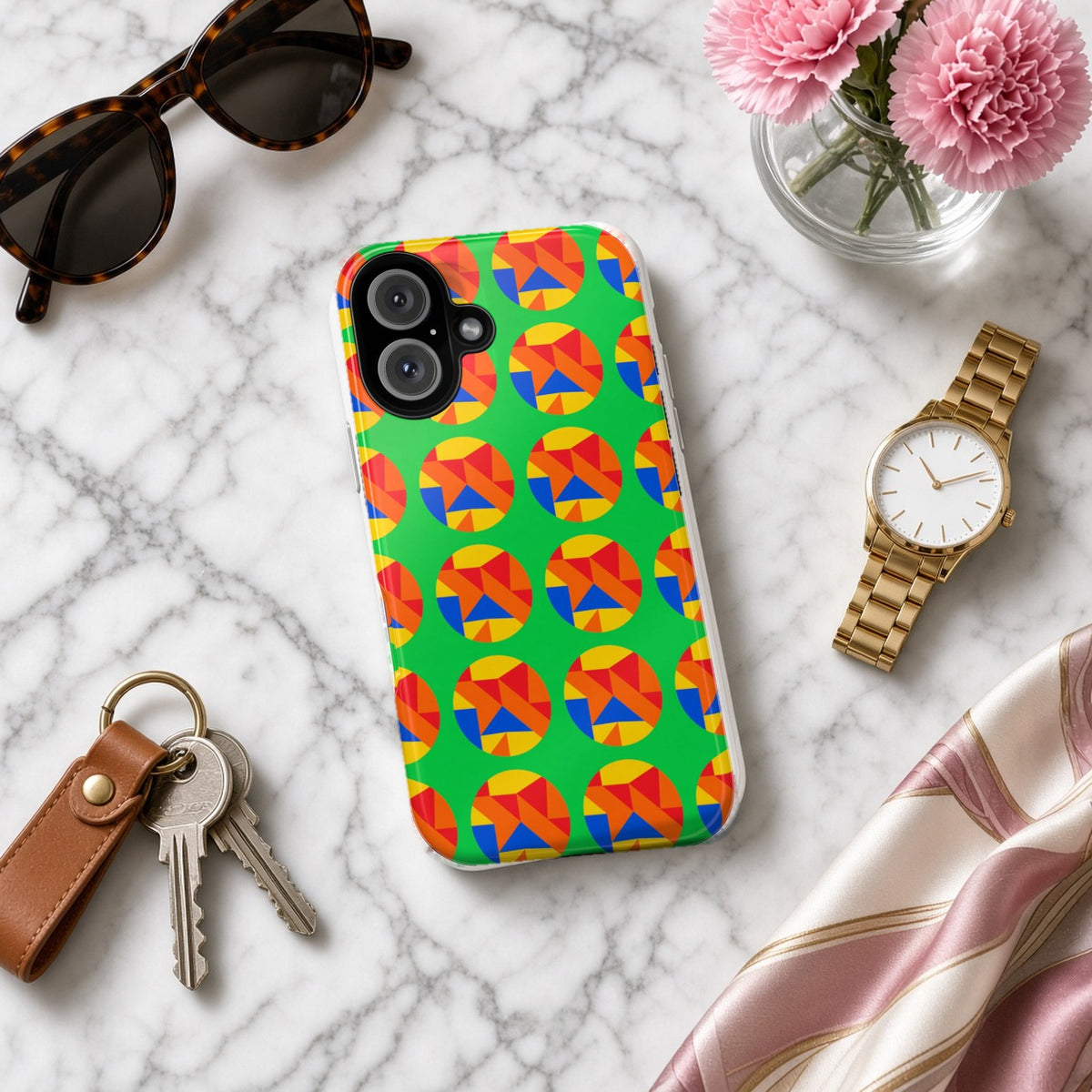 Broken Circle Planes tough phone case on white marble with a watch, keys and sunglasses
