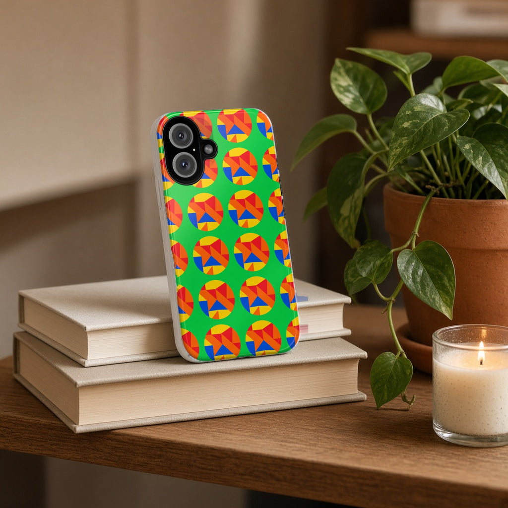 Broken Circle Planes tough phone case propped on a stack of books beside a plant and candle