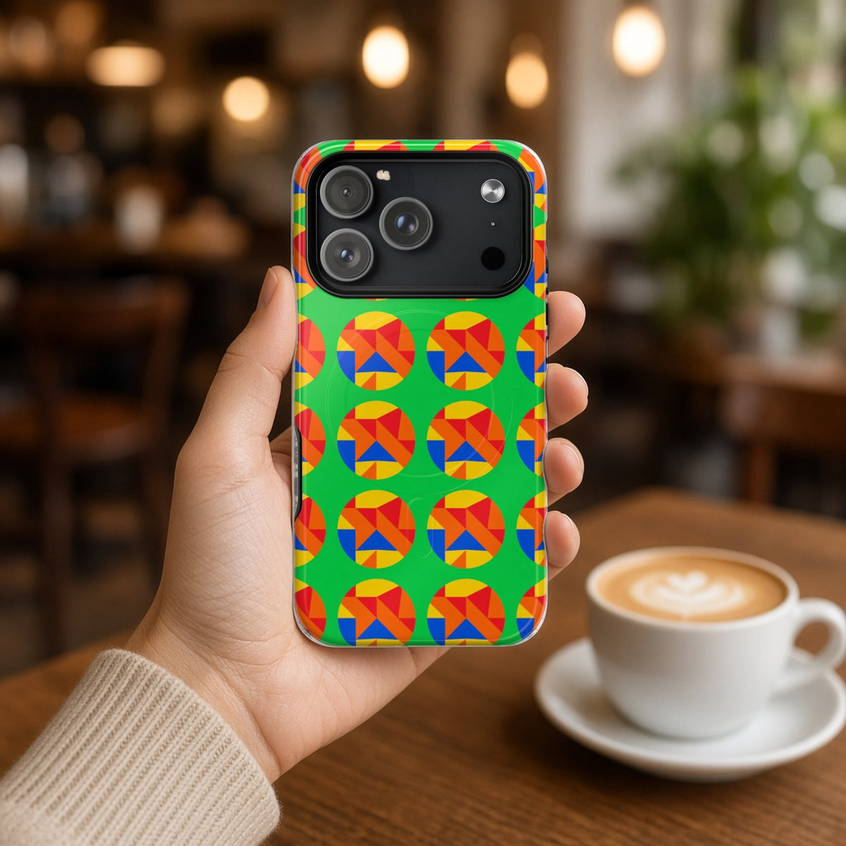 Hand holding the Broken Circle Planes magnetic iPhone case in a cafe beside a latte