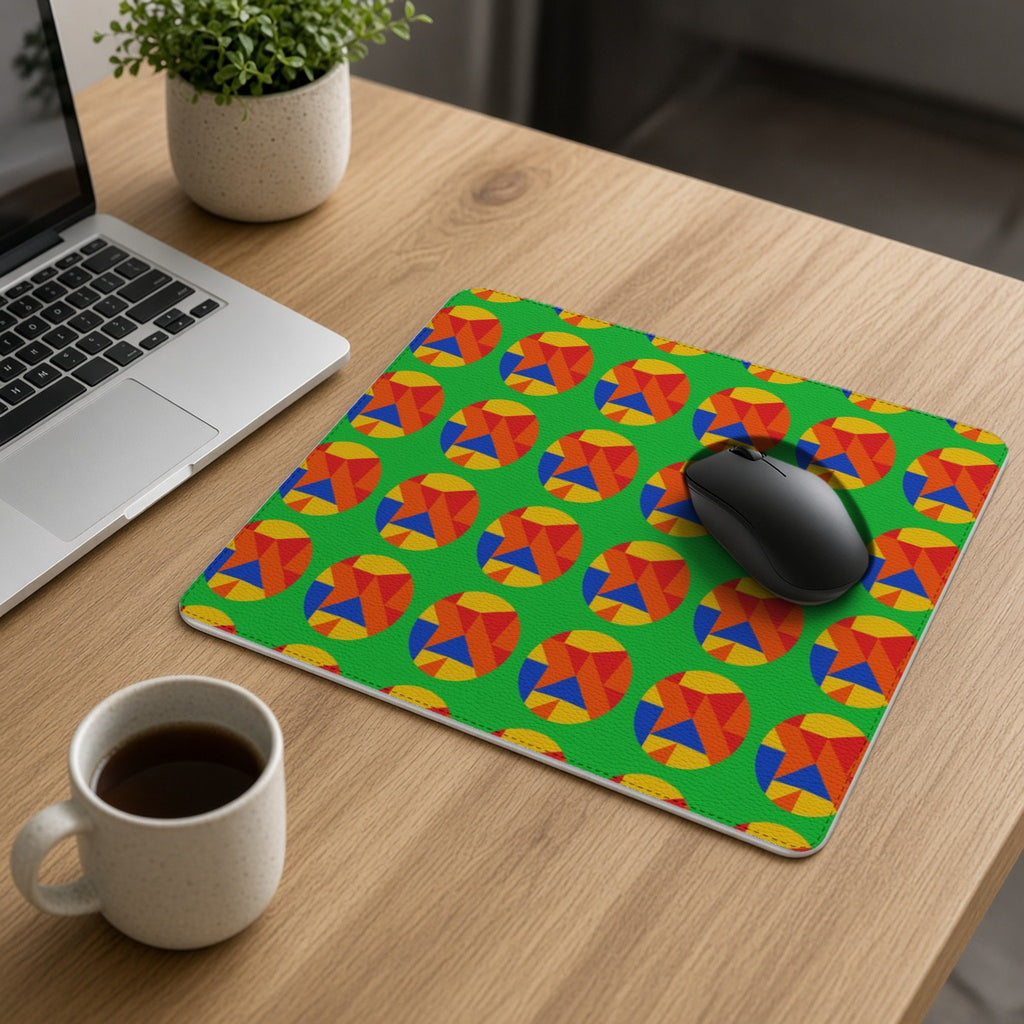 Broken Circle Planes vegan leather mouse mat on an oak desk with a laptop, mouse and coffee