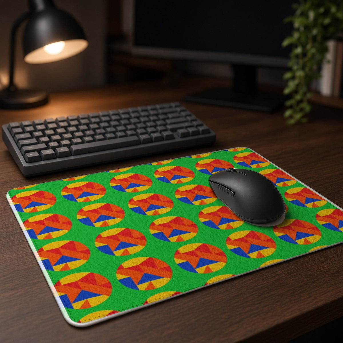 Broken Circle Planes vegan leather mouse mat on a dark wood desk with keyboard and lamp