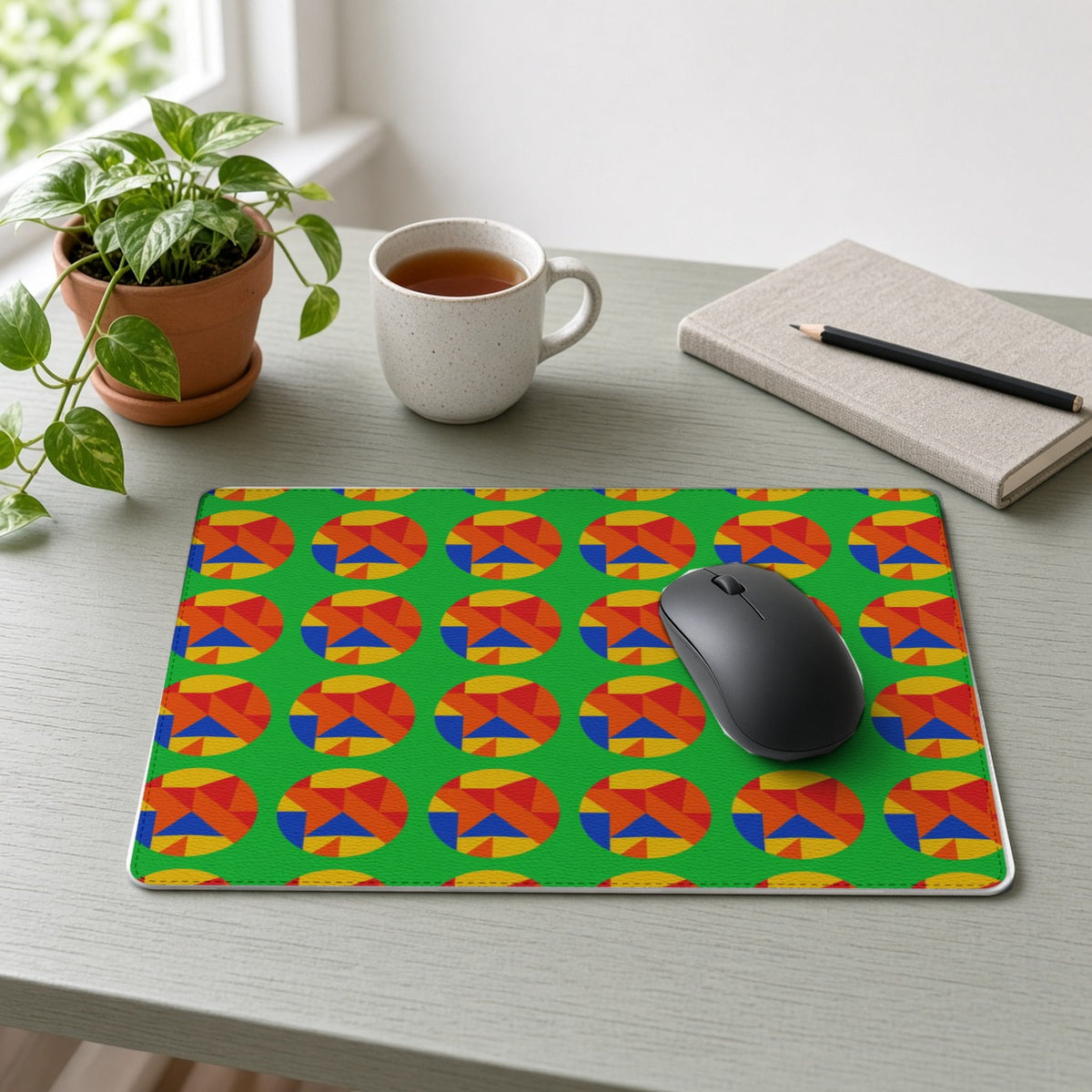 Broken Circle Planes vegan leather mouse mat on a sage-green desk with a plant, tea and notebook